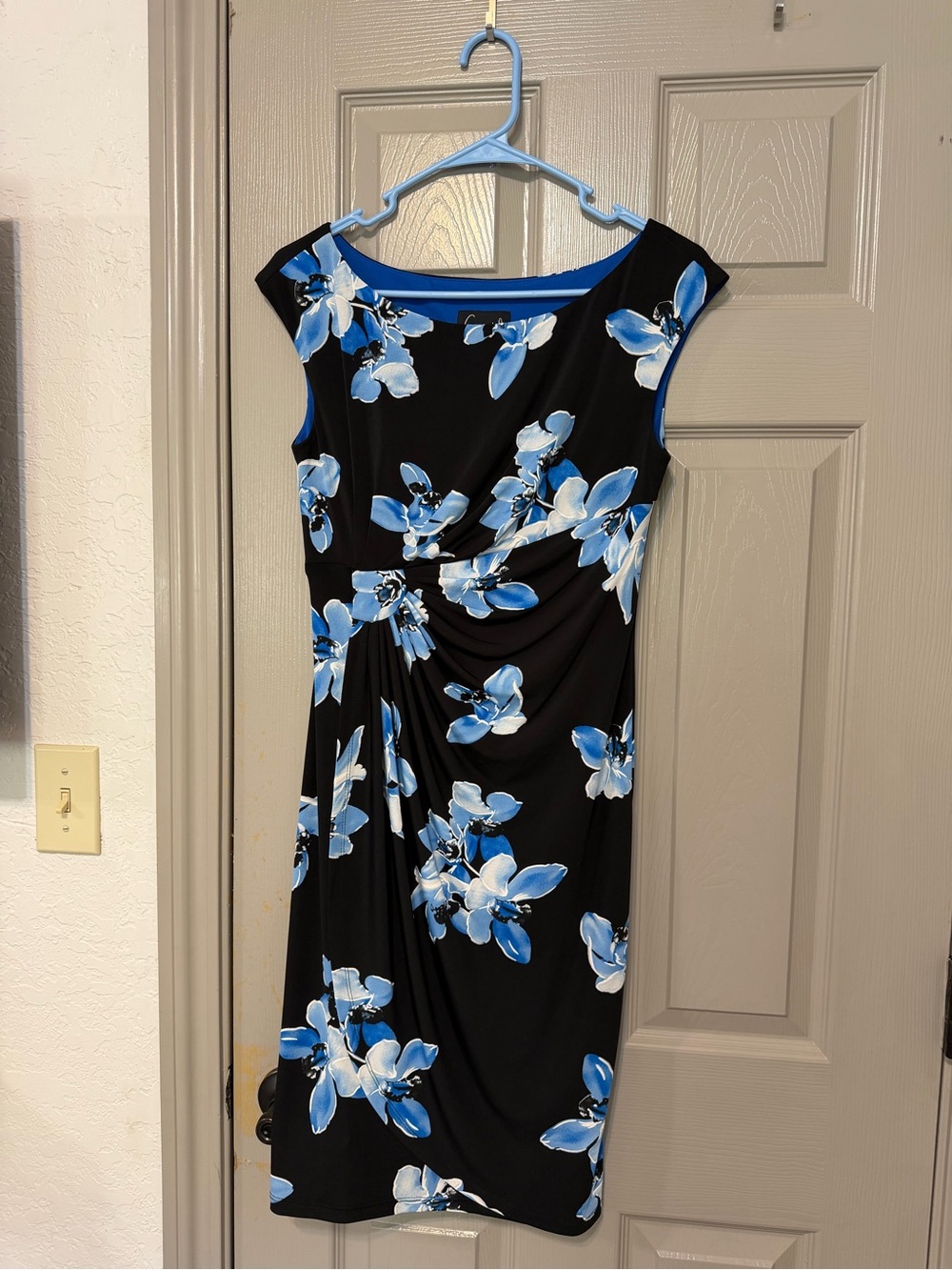 connected apparel Black Sheath Dress with Blue & White Floral Print